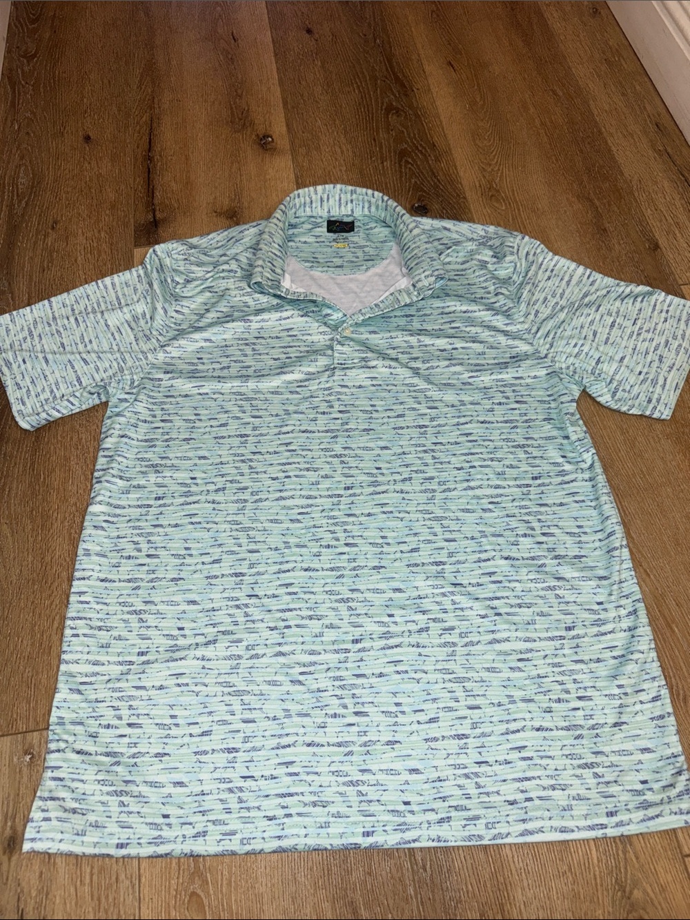 Greg Norman Collection Light Aqua and Navy Striped Polo